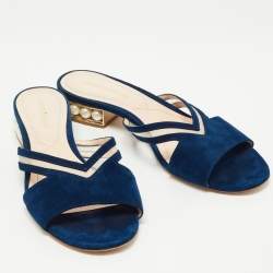 Nicholas Kirkwood Navy Blue Suede and Mesh Faux Pearl Embellished Flat Slides Size 37.5
