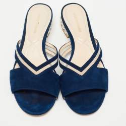 Nicholas Kirkwood Navy Blue Suede and Mesh Faux Pearl Embellished Flat Slides Size 37.5