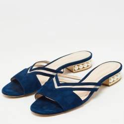Nicholas Kirkwood Navy Blue Suede and Mesh Faux Pearl Embellished Flat Slides Size 37.5