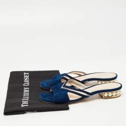 Nicholas Kirkwood Navy Blue Suede and Mesh Faux Pearl Embellished Flat Slides Size 37.5