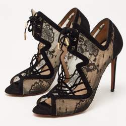 Nicholas Kirkwood Black Lace and Suede Cut Out Lace Up Booties Size 38