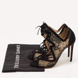 Nicholas Kirkwood Black Lace and Suede Cut Out Lace Up Booties Size 38