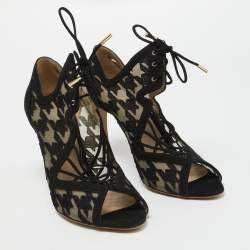 Pre Owned Nicholas Kirkwood Black Lace and Suede Peep Toe Lace Up Sandals Size 40.5