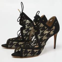 Pre Owned Nicholas Kirkwood Black Lace and Suede Peep Toe Lace Up Sandals Size 40.5