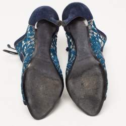 Nicholas Kirkwood Blue Suede and Lace Cut Out Lace Up Open Toe Booties Size 37