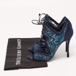 Nicholas Kirkwood Blue Suede and Lace Cut Out Lace Up Open Toe Booties Size 37