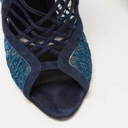 Nicholas Kirkwood Blue Suede and Lace Cut Out Lace Up Open Toe Booties Size 37