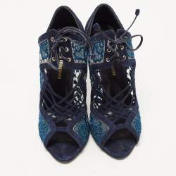 Nicholas Kirkwood Blue Suede and Lace Cut Out Lace Up Open Toe Booties Size 37