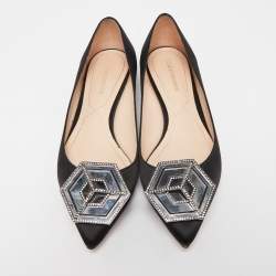 Pre Owned Nicholas Kirkwood Black Satin Embellished Ballet Flats Size 37.5