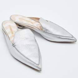 Nicholas Kirkwood Silver Leather Pointed Toe Beya Flat Mules Size 39.5