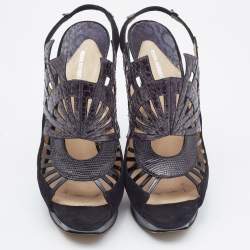 Nicholas Kirkwood Black Watersnake Leather and Suede Slingback Sandals Size 39