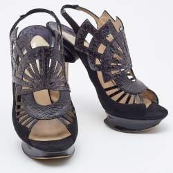 Nicholas Kirkwood Black Watersnake Leather and Suede Slingback Sandals Size 39