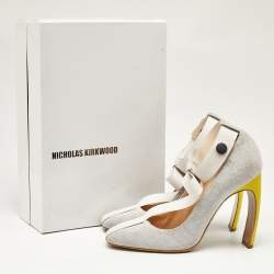 Nicholas Kirkwood Grey/White Jersey Fabric and Rubber Bow T-Strap Pumps Size 38