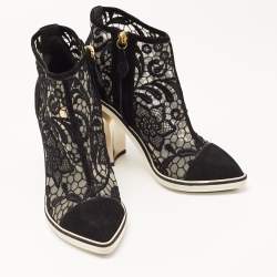 Nicholas Kirkwood Black Suede and Embroidered Mesh Block Heel Ankle Boots Size 36
