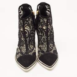 Nicholas Kirkwood Black Suede and Embroidered Mesh Block Heel Ankle Boots Size 36
