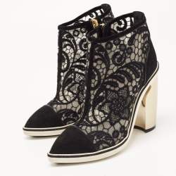 Nicholas Kirkwood Black Suede and Embroidered Mesh Block Heel Ankle Boots Size 36