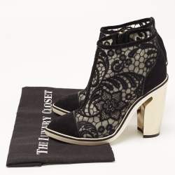 Nicholas Kirkwood Black Suede and Embroidered Mesh Block Heel Ankle Boots Size 36