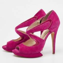 Nicholas Kirkwood Pink Suede And Lizard Embossed Platform Sandals Size 39