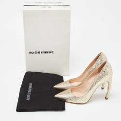 Nicholas Kirkwood Metallic Gold Foil Leather Pearl Embellished Pointed Toe Pumps Size 38