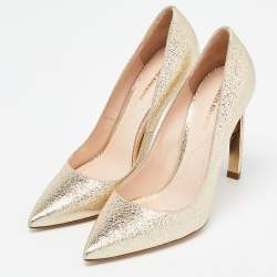 Nicholas Kirkwood Metallic Gold Foil Leather Pearl Embellished Pointed Toe Pumps Size 38