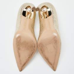 Nicholas Kirkwood Metallic Gold Foil Leather Pearl Embellished Pointed Toe Pumps Size 38