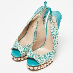 Nicholas Kirkwood Blue/White Textured Suede Pearl Embellished Slingback Sandals Size 39