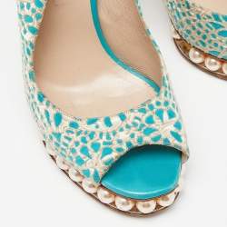 Nicholas Kirkwood Blue/White Textured Suede Pearl Embellished Slingback Sandals Size 39