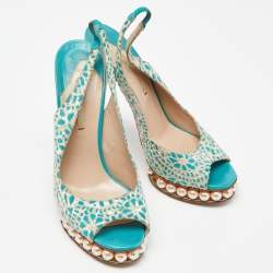 Nicholas Kirkwood Blue/White Textured Suede Pearl Embellished Slingback Sandals Size 39
