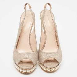 Nicholas Kirkwood Metallic Lurex Fabric Pearl Embellished Platform Slingback Sandals Size 40