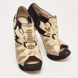 Nicholas Kirkwood Black/Yellow Suede and Embossed Lizard Open Toe Platform Booties Size 40.5