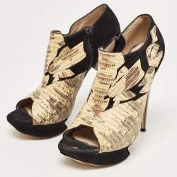 Nicholas Kirkwood Black/Yellow Suede and Embossed Lizard Open Toe Platform Booties Size 40.5