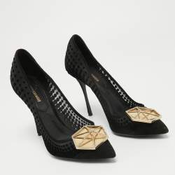 Nicholas Kirkwood Black Velvet and Mesh Embellished Hexagon Buckle Pumps Size 39