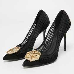 Nicholas Kirkwood Black Velvet and Mesh Embellished Hexagon Buckle Pumps Size 39