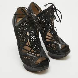 Nicholas Kirkwood Black Mesh and Leather Cutout Lace Up Booties Size 36    