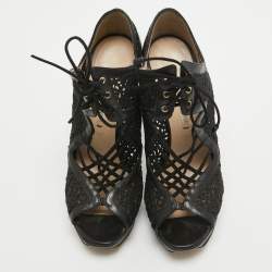 Nicholas Kirkwood Black Mesh and Leather Cutout Lace Up Booties Size 36    