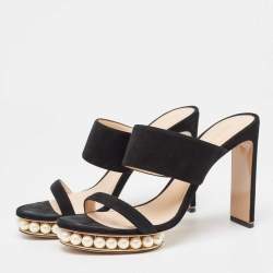 Nicholas Kirkwood Black Suede Faux Pearl Platform Slide Sandals Size 40
