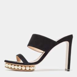 Nicholas Kirkwood Black Suede Faux Pearl Platform Slide Sandals Size 40