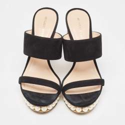 Nicholas Kirkwood Black Suede Faux Pearl Platform Slide Sandals Size 40
