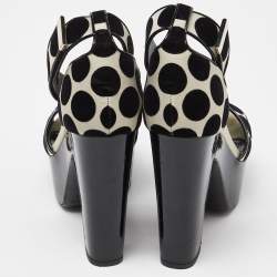 Pre Owned Nicholas Kirkwood White/Black Polka Dot Velvet Platform Pearl Block Heel Ankle Strap Sandals Size 39.5