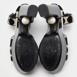 Pre Owned Nicholas Kirkwood White/Black Polka Dot Velvet Platform Pearl Block Heel Ankle Strap Sandals Size 39.5