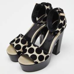 Pre Owned Nicholas Kirkwood White/Black Polka Dot Velvet Platform Pearl Block Heel Ankle Strap Sandals Size 39.5