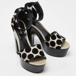 Pre Owned Nicholas Kirkwood White/Black Polka Dot Velvet Platform Pearl Block Heel Ankle Strap Sandals Size 39.5