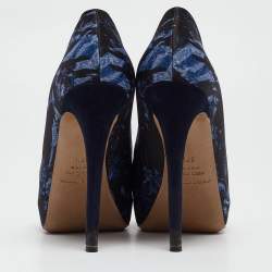 Nicholas Kirkwood Navy Blue Print Satin Platform Pumps Size 37.5