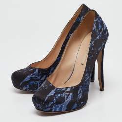 Nicholas Kirkwood Navy Blue Print Satin Platform Pumps Size 37.5