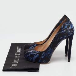 Nicholas Kirkwood Navy Blue Print Satin Platform Pumps Size 37.5