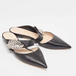 Nicholas Kirkwood Black Leather Crystal Embellished Flat Mules Size 40