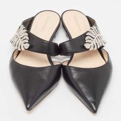 Nicholas Kirkwood Black Leather Crystal Embellished Flat Mules Size 40
