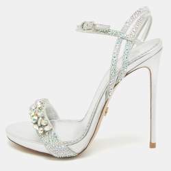 Le Silla Sliver Leather Crystal Embellished Ankle Strap Sandals Size 36