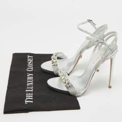 Le Silla Sliver Leather Crystal Embellished Ankle Strap Sandals Size 36
