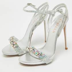 Le Silla Sliver Leather Crystal Embellished Ankle Strap Sandals Size 36
